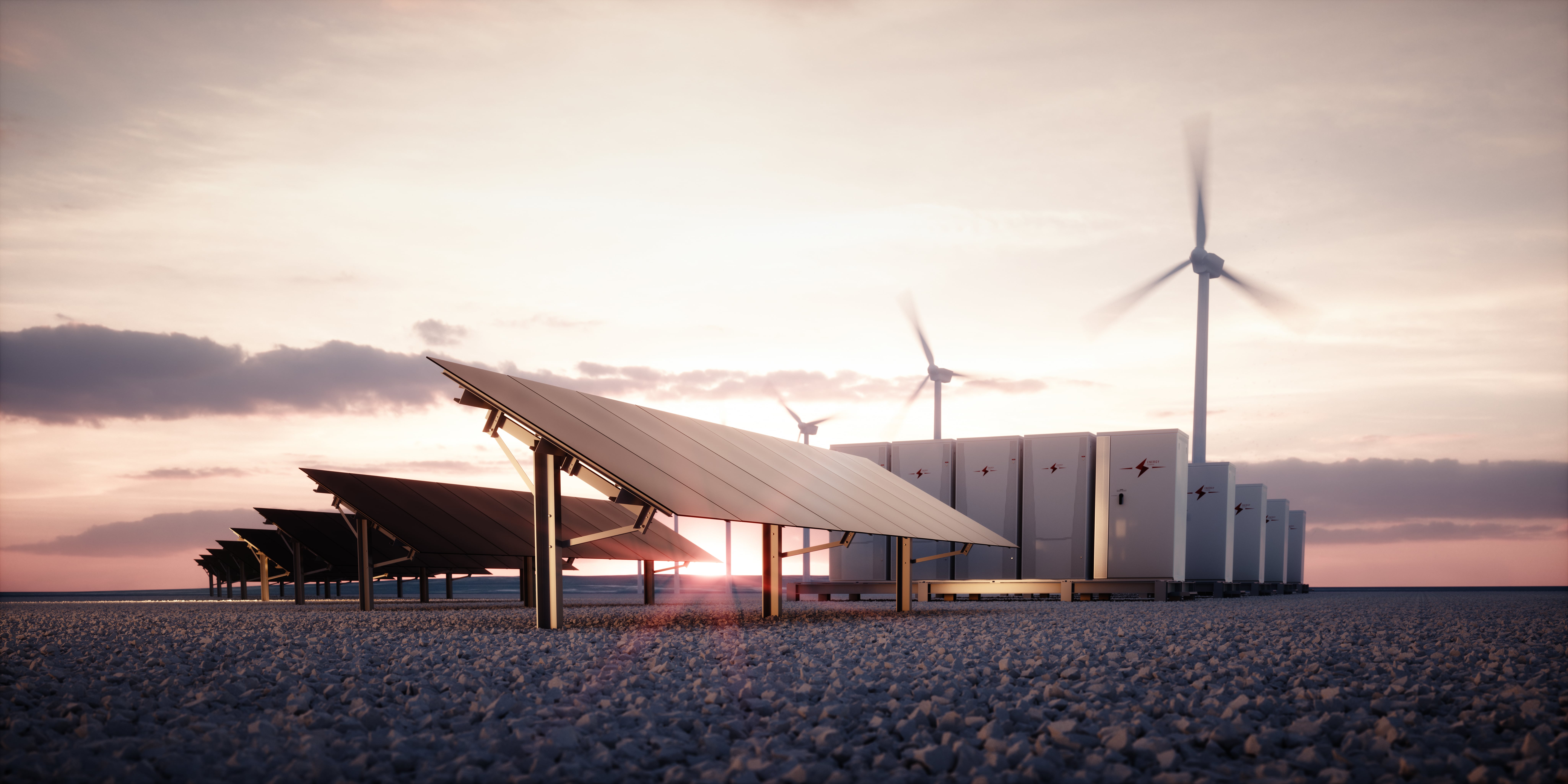 Zonnenpanelen, windmolens en batterijen